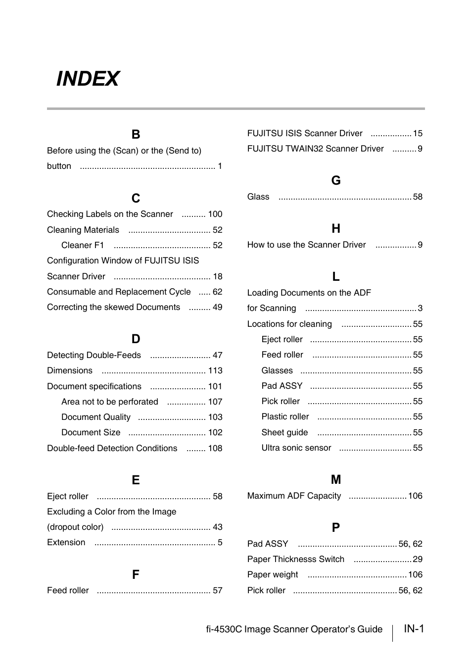 Index, In-1 | FUJITSU fi-4530C User Manual | Page 129 / 132