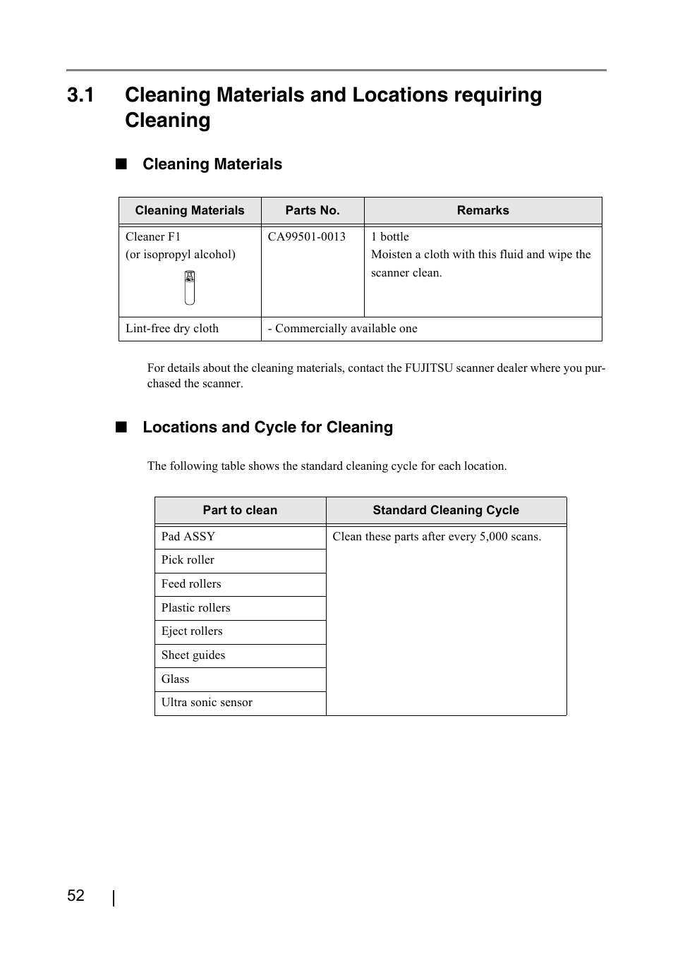 Cleaning materials, Locations and cycle for cleaning | FUJITSU fi-4530C User Manual | Page 58 / 132