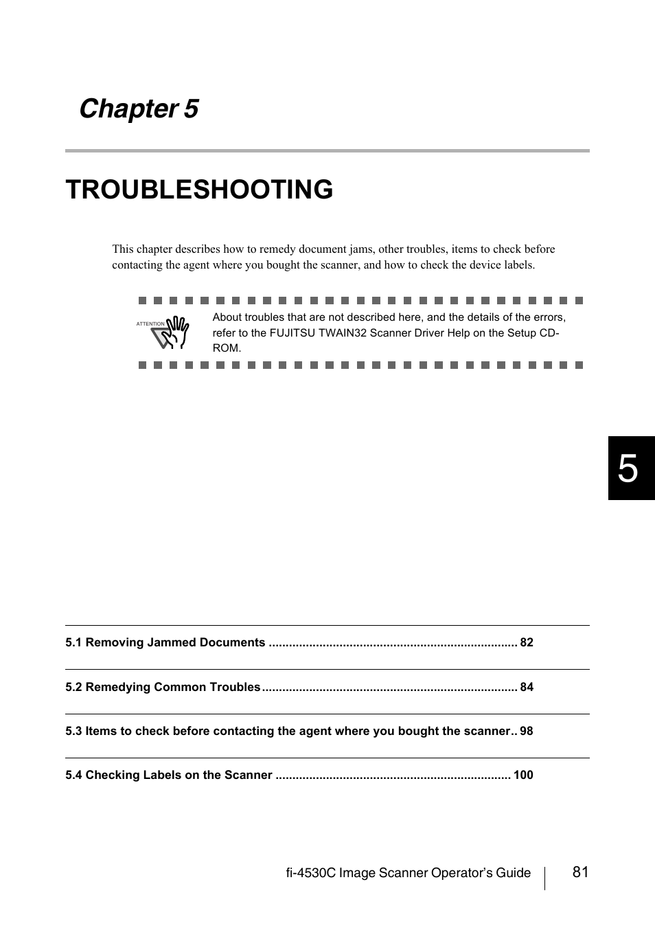 Chapter 5 troubleshooting | FUJITSU fi-4530C User Manual | Page 87 / 132