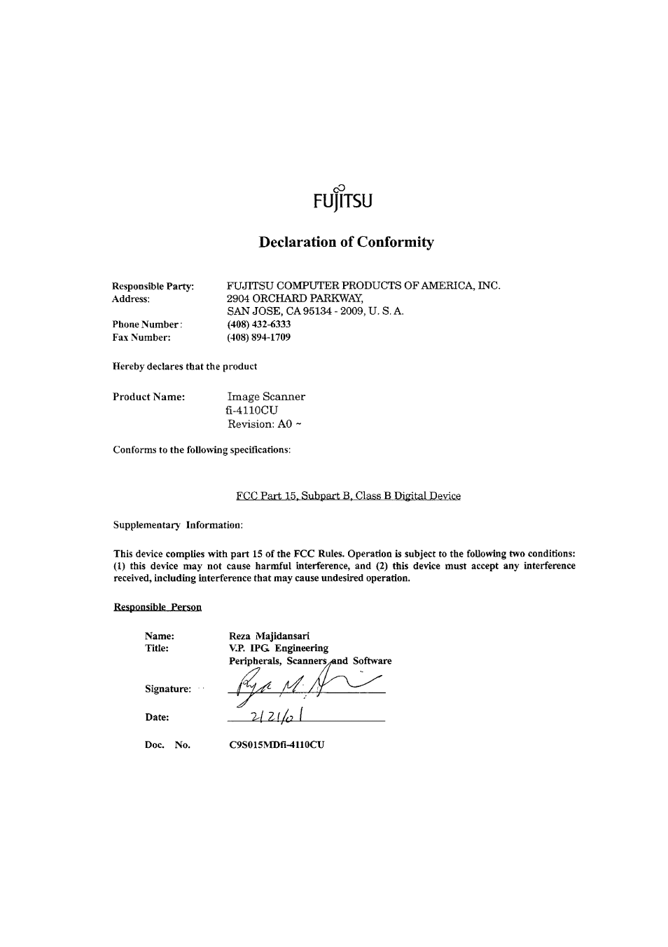Declaration of conformity | FUJITSU fi-4110CU User Manual | Page 38 / 40