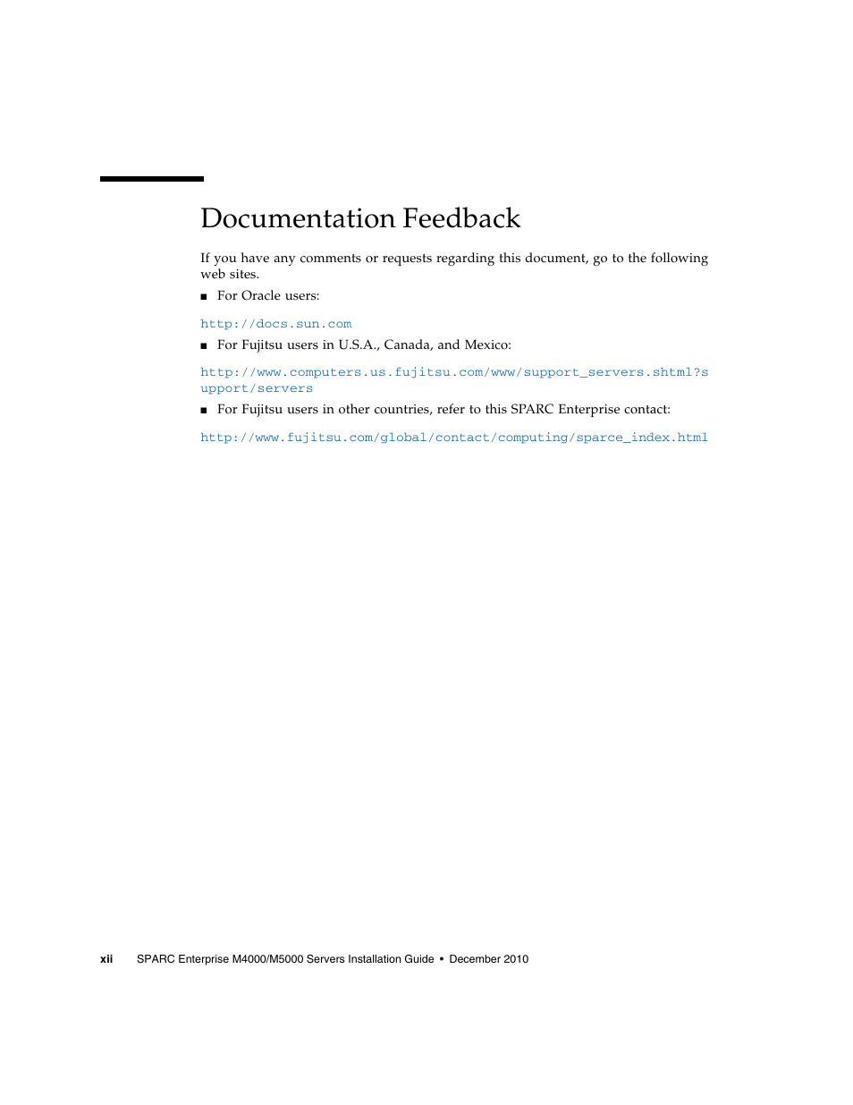 Documentation feedback | FUJITSU SPARC M4000/M5000 User Manual | Page 12 / 76