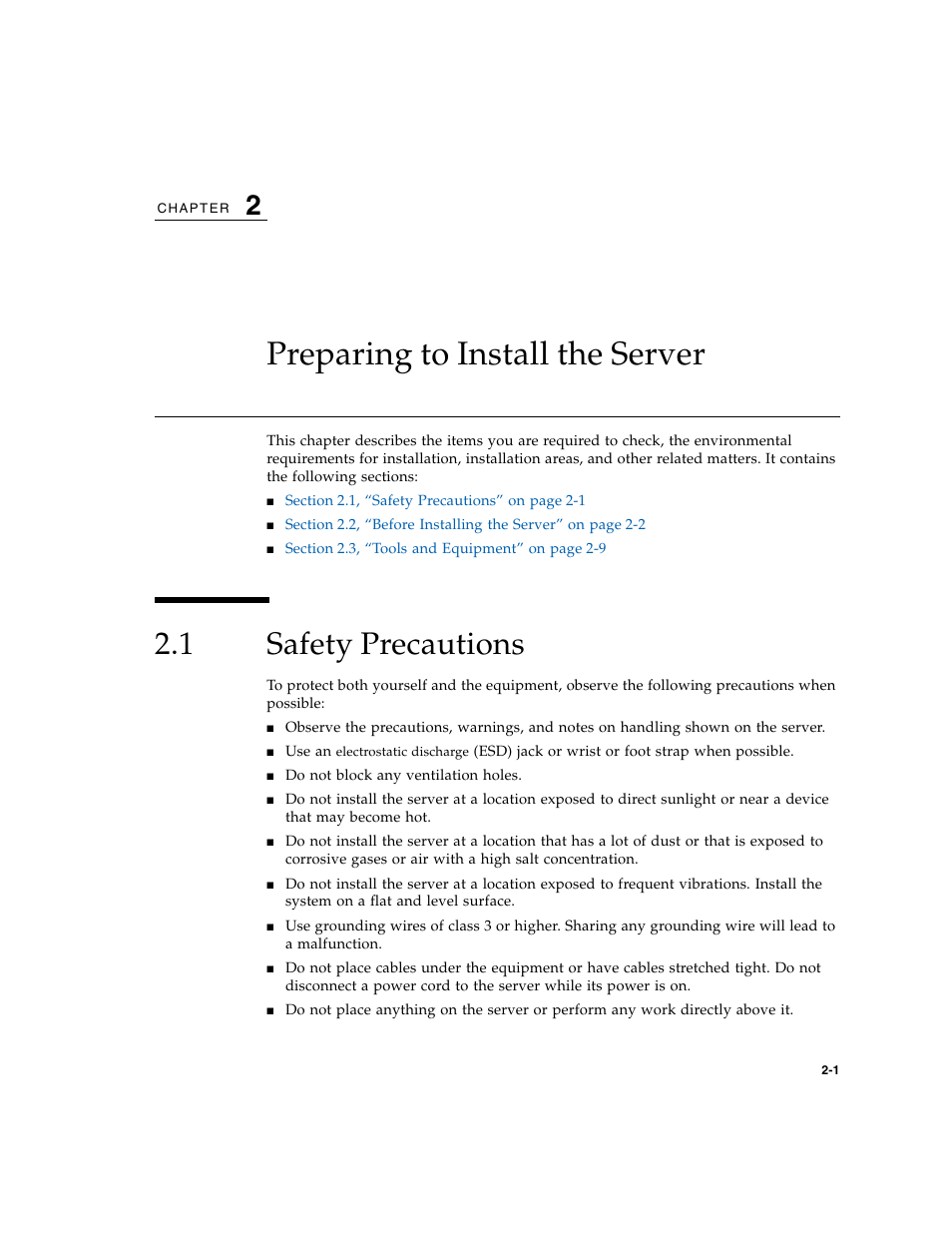 Preparing to install the server, 1 safety precautions, Safety precautions | FUJITSU SPARC M4000/M5000 User Manual | Page 15 / 76