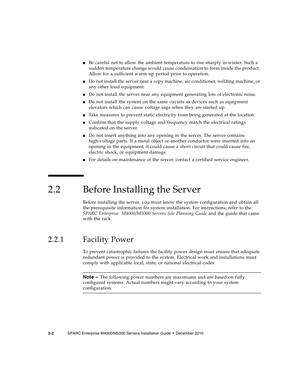 2 before installing the server, 1 facility power, Before installing the server | Facility power | FUJITSU SPARC M4000/M5000 User Manual | Page 16 / 76