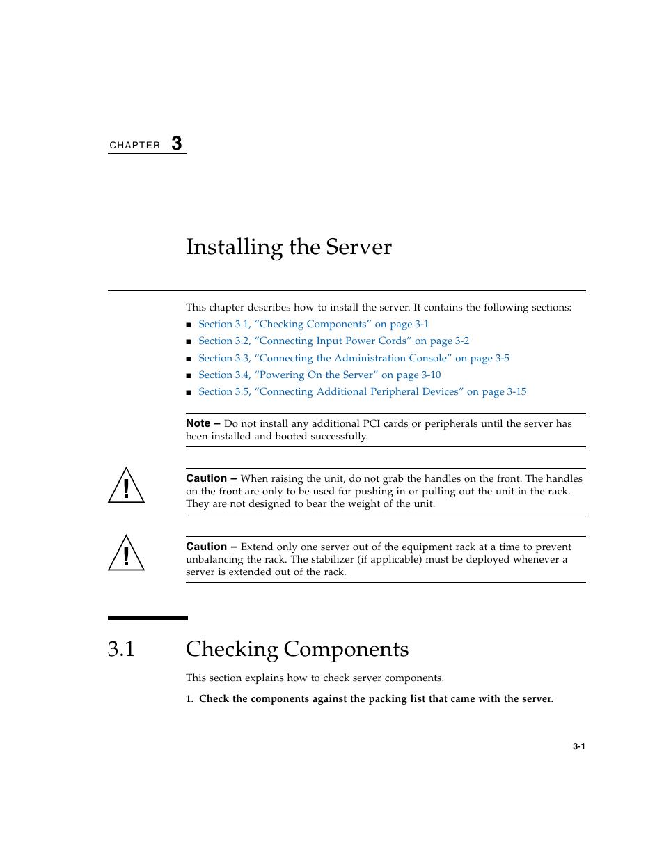 Installing the server, 1 checking components, Checking components | FUJITSU SPARC M4000/M5000 User Manual | Page 25 / 76