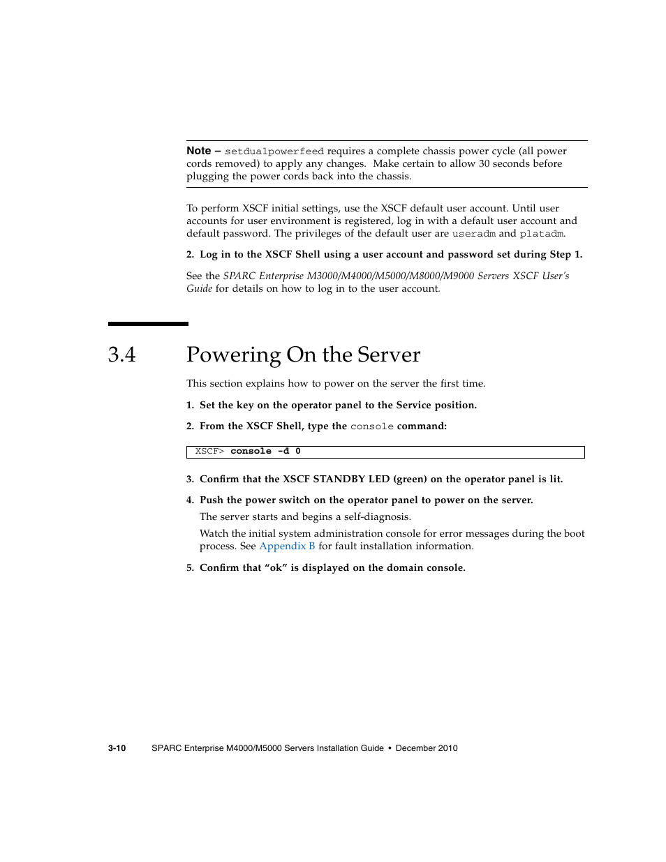 4 powering on the server, Powering on the server | FUJITSU SPARC M4000/M5000 User Manual | Page 34 / 76