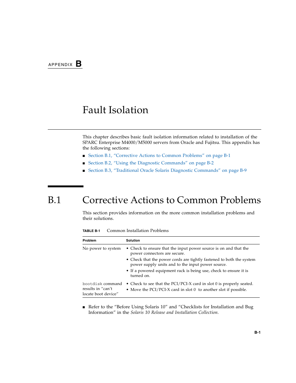 Fault isolation, B.1 corrective actions to common problems, B. fault isolation | Corrective actions to common problems | FUJITSU SPARC M4000/M5000 User Manual | Page 57 / 76