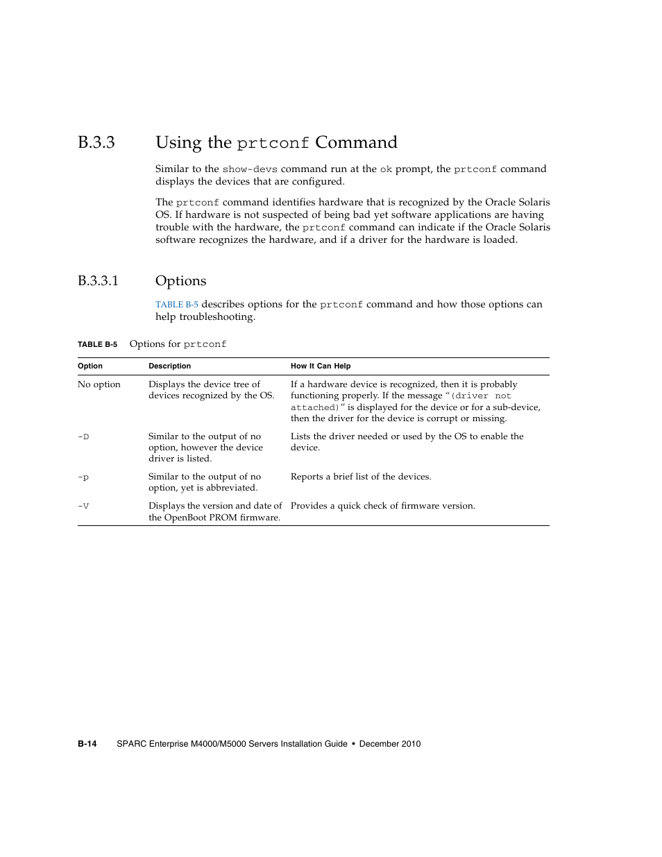 B.3.3 using the prtconf command, B.3.3.1 options, B.3.3 | Using the, B.3.3.1, Options, B–14 | FUJITSU SPARC M4000/M5000 User Manual | Page 70 / 76