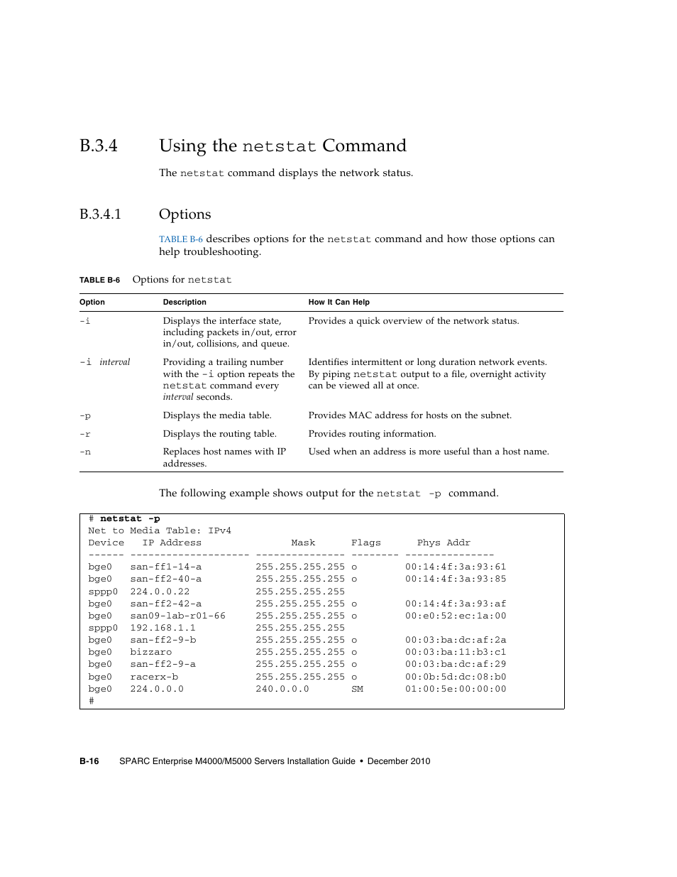 B.3.4 using the netstat command, B.3.4.1 options, B.3.4 | Using the, B.3.4.1, Options, B–16 | FUJITSU SPARC M4000/M5000 User Manual | Page 72 / 76