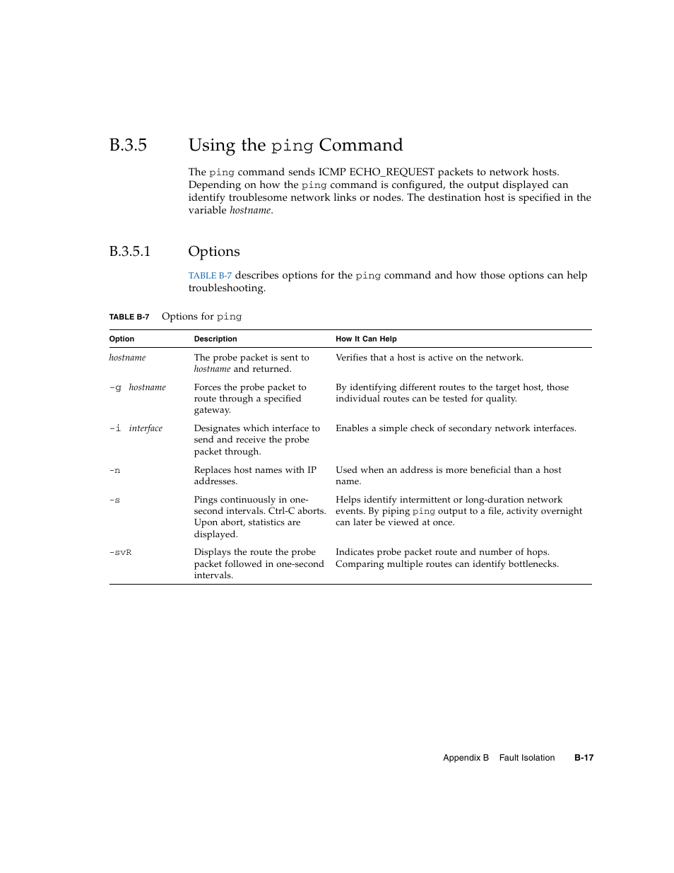 B.3.5 using the ping command, B.3.5.1 options, B.3.5 | Using the, B.3.5.1, Options, B–17 | FUJITSU SPARC M4000/M5000 User Manual | Page 73 / 76