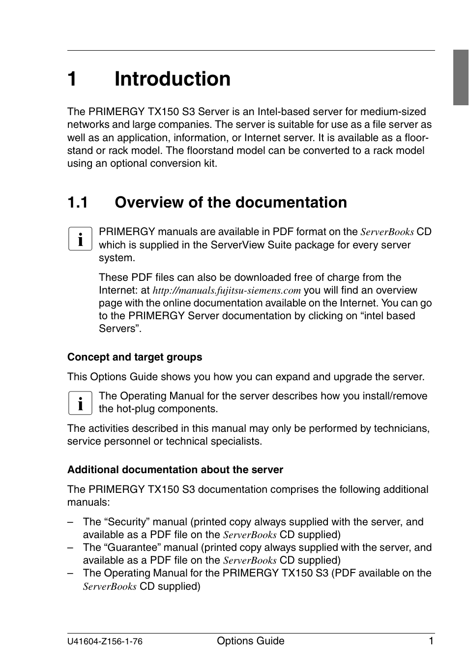 Introduction, Overview of the documentation, 1introduction | 1 overview of the documentation | FUJITSU TX150 S3 User Manual | Page 9 / 95