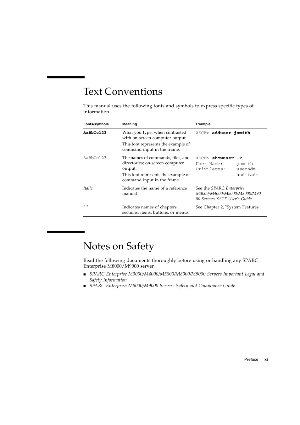 Text conventions, Notes on safety | FUJITSU SPARC ENTERPRISE SERVER M9000 User Manual | Page 11 / 64