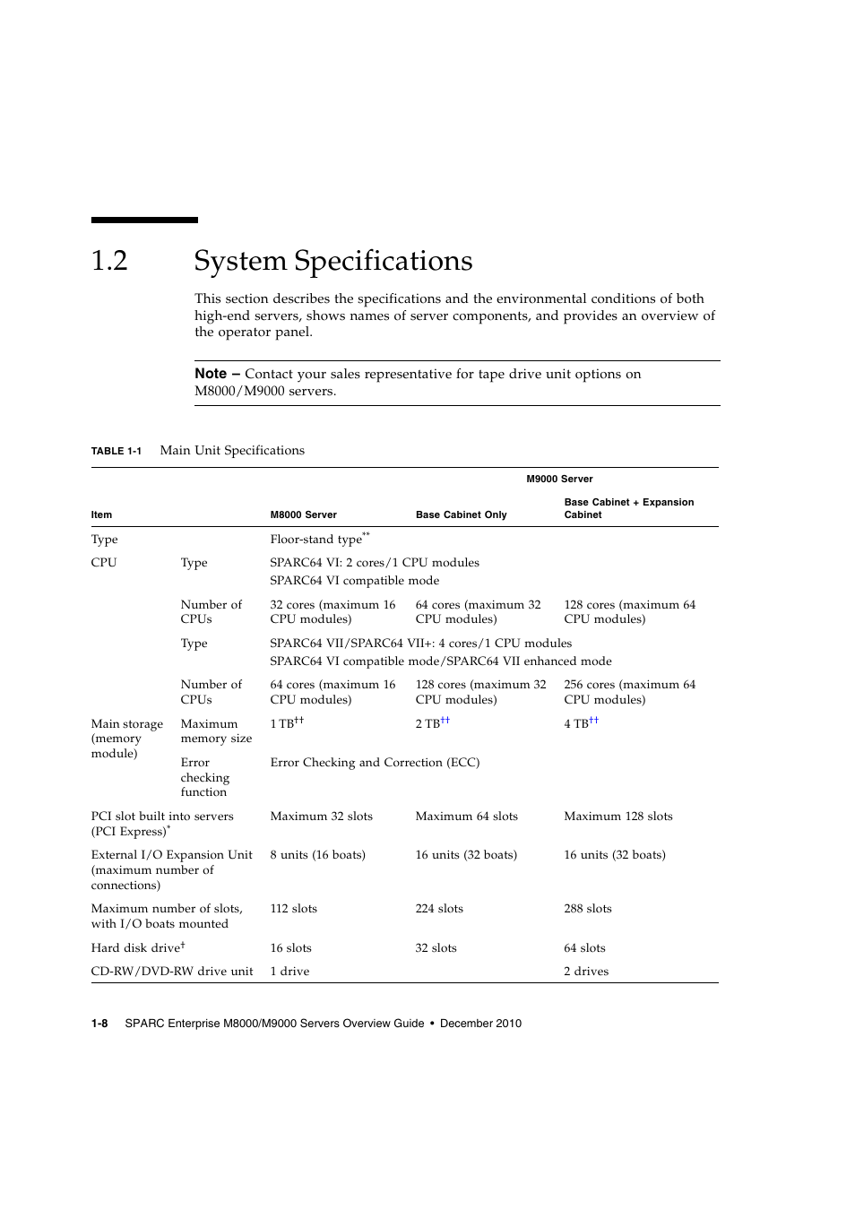 2 system specifications, System specifications | FUJITSU SPARC ENTERPRISE SERVER M9000 User Manual | Page 20 / 64