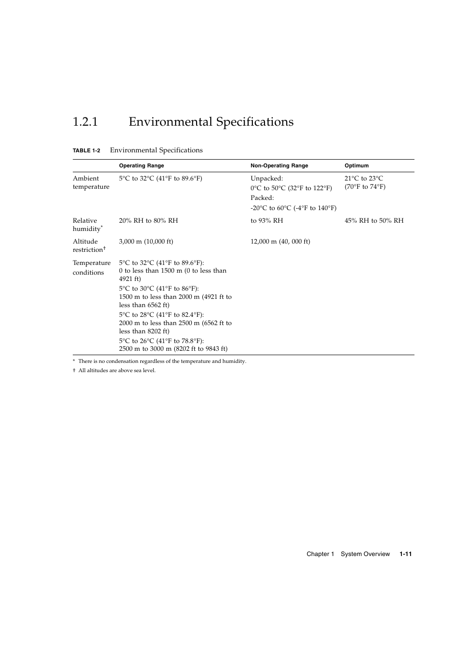 1 environmental specifications, Environmental specifications | FUJITSU SPARC ENTERPRISE SERVER M9000 User Manual | Page 23 / 64