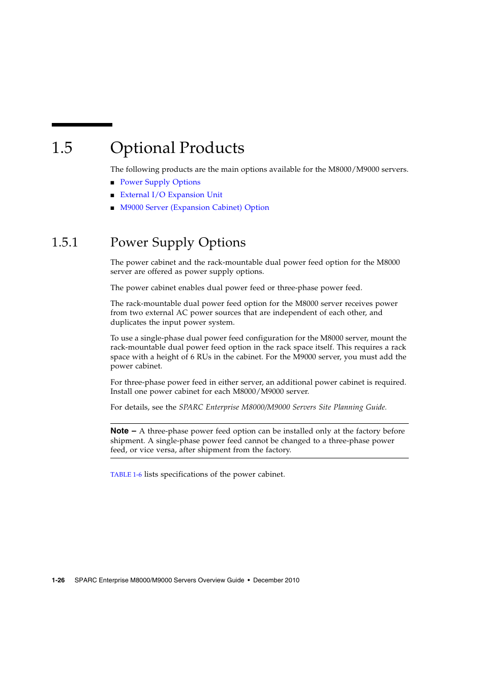 5 optional products, 1 power supply options, Optional products | Power supply options | FUJITSU SPARC ENTERPRISE SERVER M9000 User Manual | Page 38 / 64