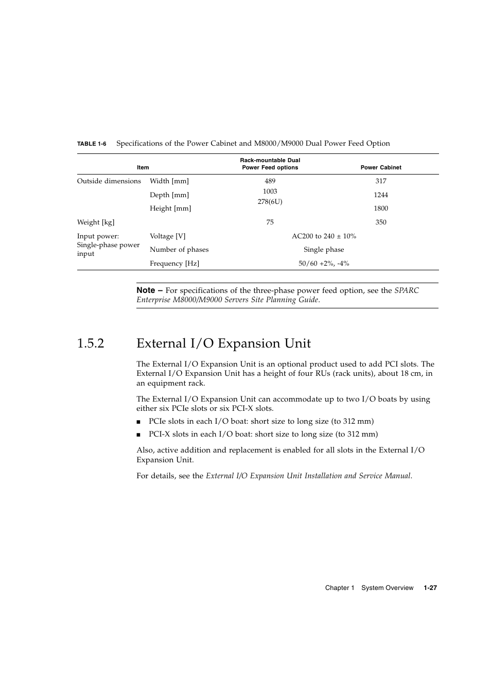 2 external i/o expansion unit, External i/o expansion unit, Table 1-6 | FUJITSU SPARC ENTERPRISE SERVER M9000 User Manual | Page 39 / 64