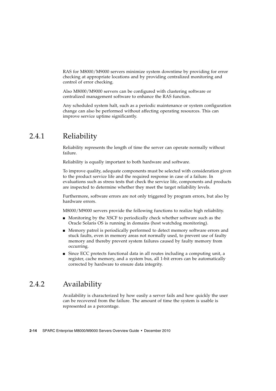 1 reliability, 2 availability, Reliability | Availability | FUJITSU SPARC ENTERPRISE SERVER M9000 User Manual | Page 54 / 64