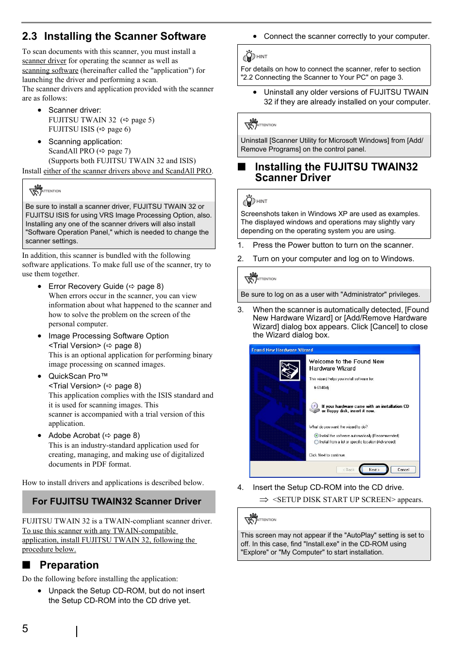 3 installing the scanner software, 3 installing, Scanner | Software, Preparation, Installing the fujitsu twain32 scanner driver, For fujitsu twain32 scanner driver | FUJITSU Fi-6240 User Manual | Page 10 / 20
