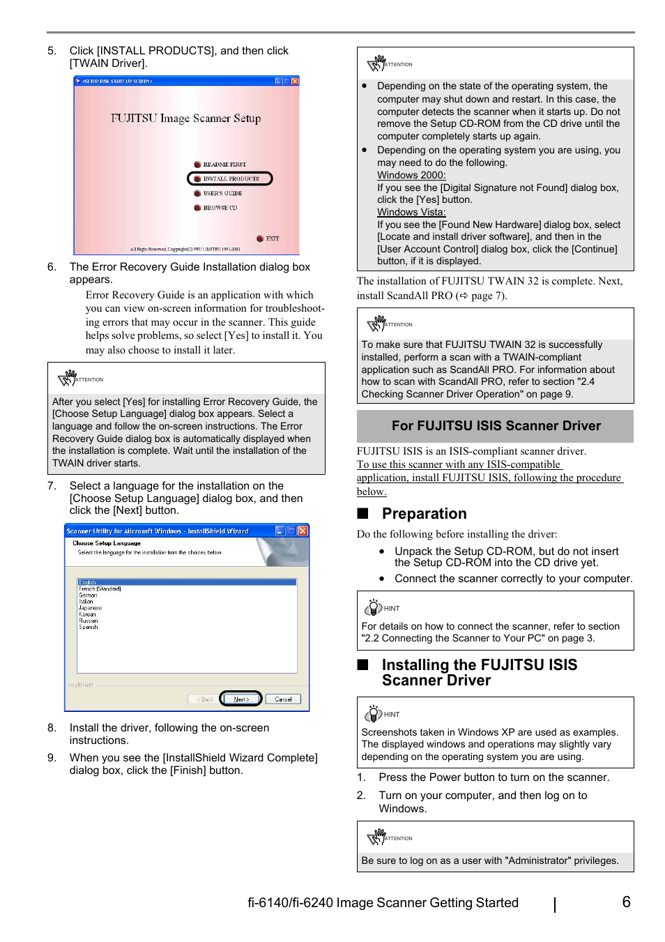 Preparation, Installing the fujitsu isis scanner driver, For fujitsu isis scanner driver | FUJITSU Fi-6240 User Manual | Page 11 / 20