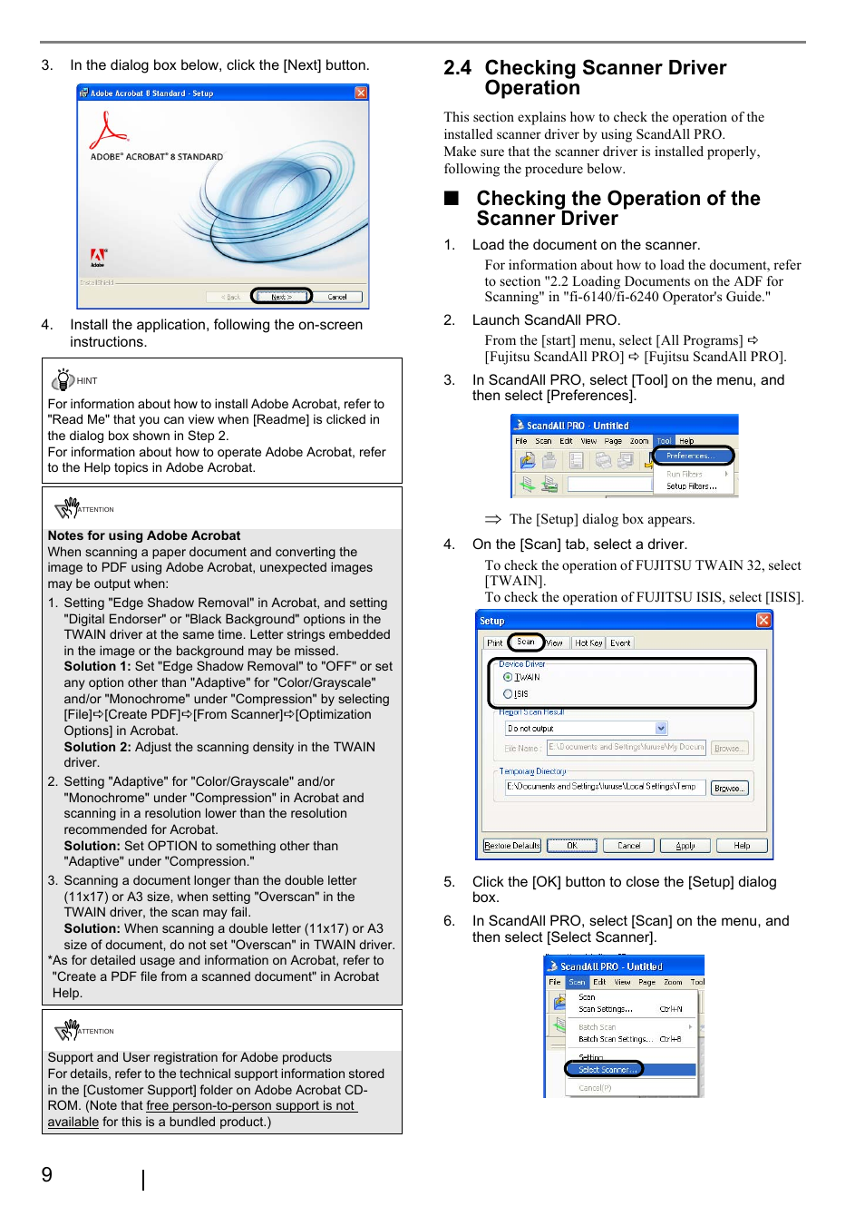 4 checking scanner driver operation, 4 checking, Scanner | Driver operation, Checking the operation of the scanner driver | FUJITSU Fi-6240 User Manual | Page 14 / 20