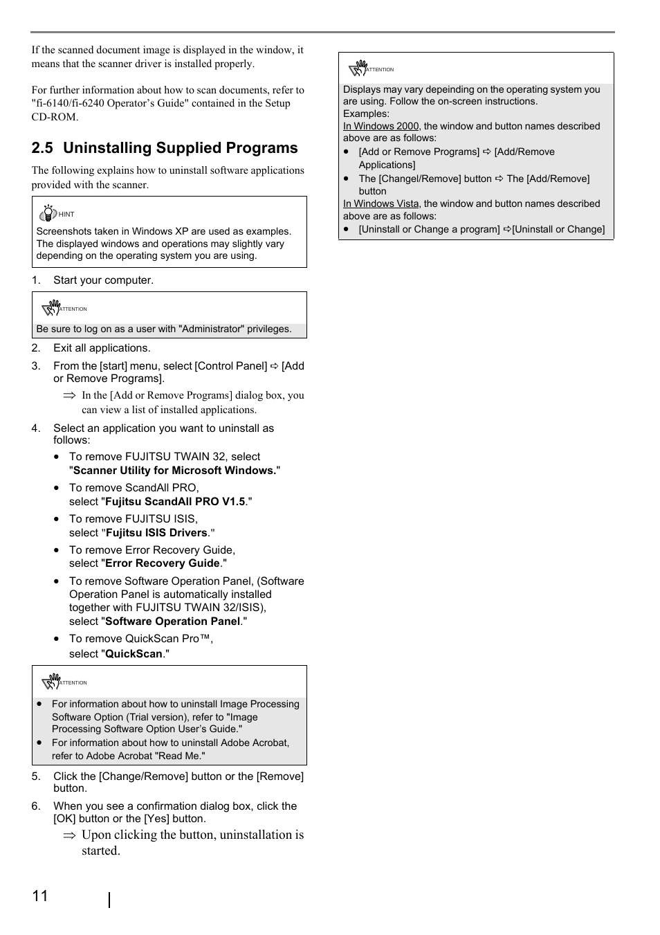 5 uninstalling supplied programs, 5 uninstalling, Supplied programs | FUJITSU Fi-6240 User Manual | Page 16 / 20