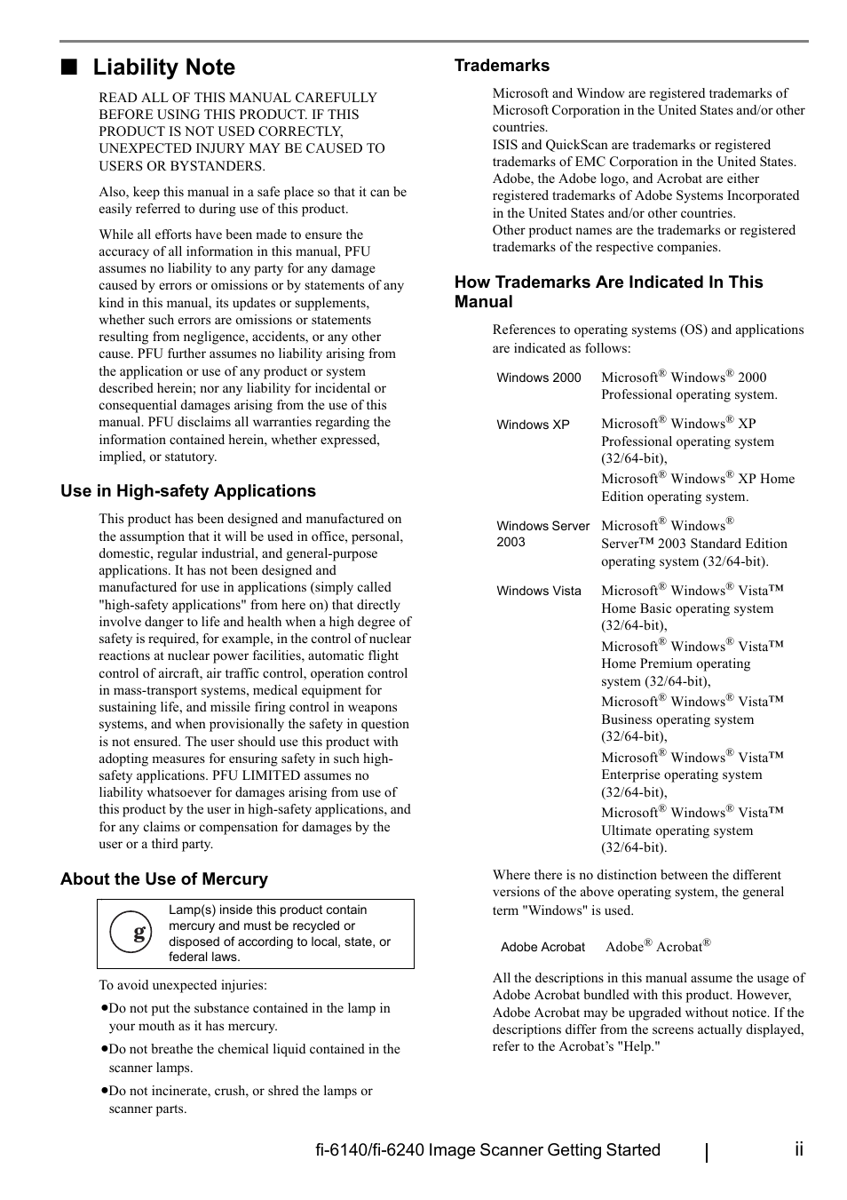 Liability note, Use in high-safety applications, About the use of mercury | Trademarks, How trademarks are indicated in this manual | FUJITSU Fi-6240 User Manual | Page 3 / 20
