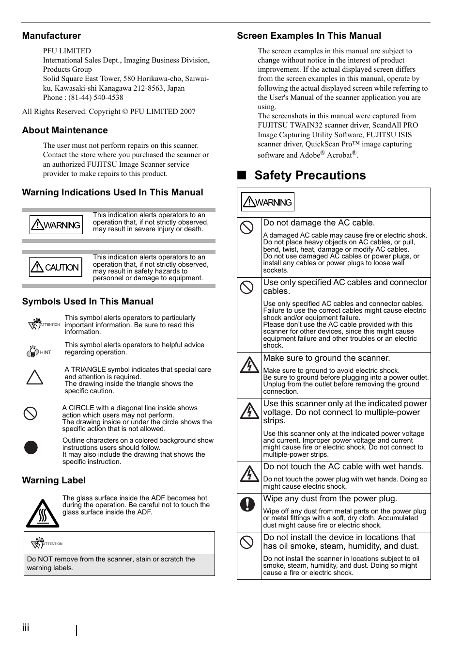 Safety precautions, Manufacturer, About maintenance | FUJITSU Fi-6240 User Manual | Page 4 / 20