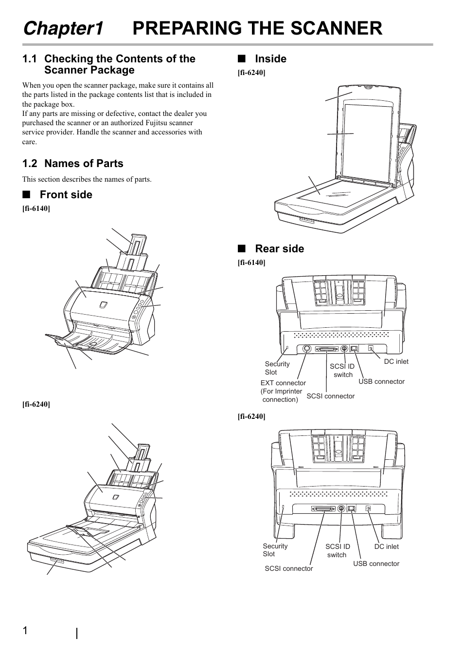 Chapter1 preparing the scanner, 1 checking the contents of the scanner package, 2 names of parts | 1 checking, Contents of the, Scanner package, Front side, Inside, Rear side | FUJITSU Fi-6240 User Manual | Page 6 / 20
