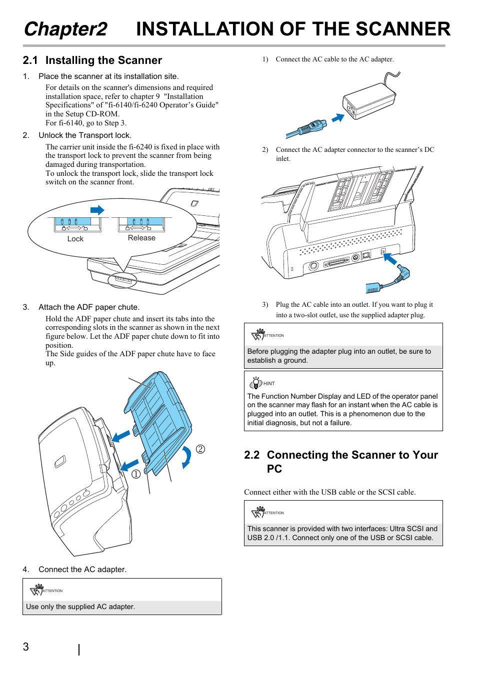 Chapter2 installation of the scanner, 1 installing the scanner, 2 connecting the scanner to your pc | 1 installing, Scanner | FUJITSU Fi-6240 User Manual | Page 8 / 20