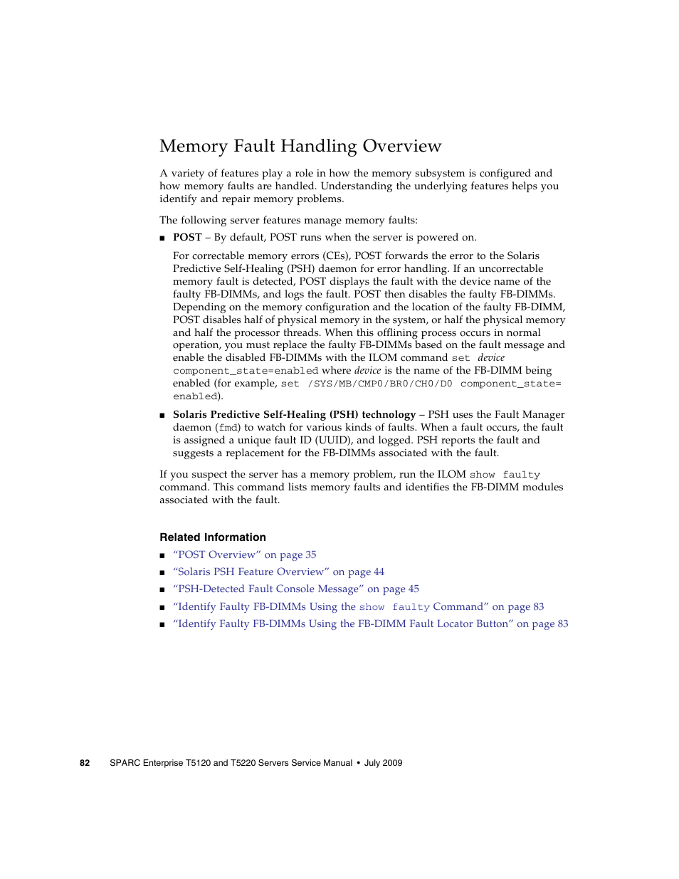 Memory fault handling overview, Related information | FUJITSU SPARC T5120 User Manual | Page 108 / 240