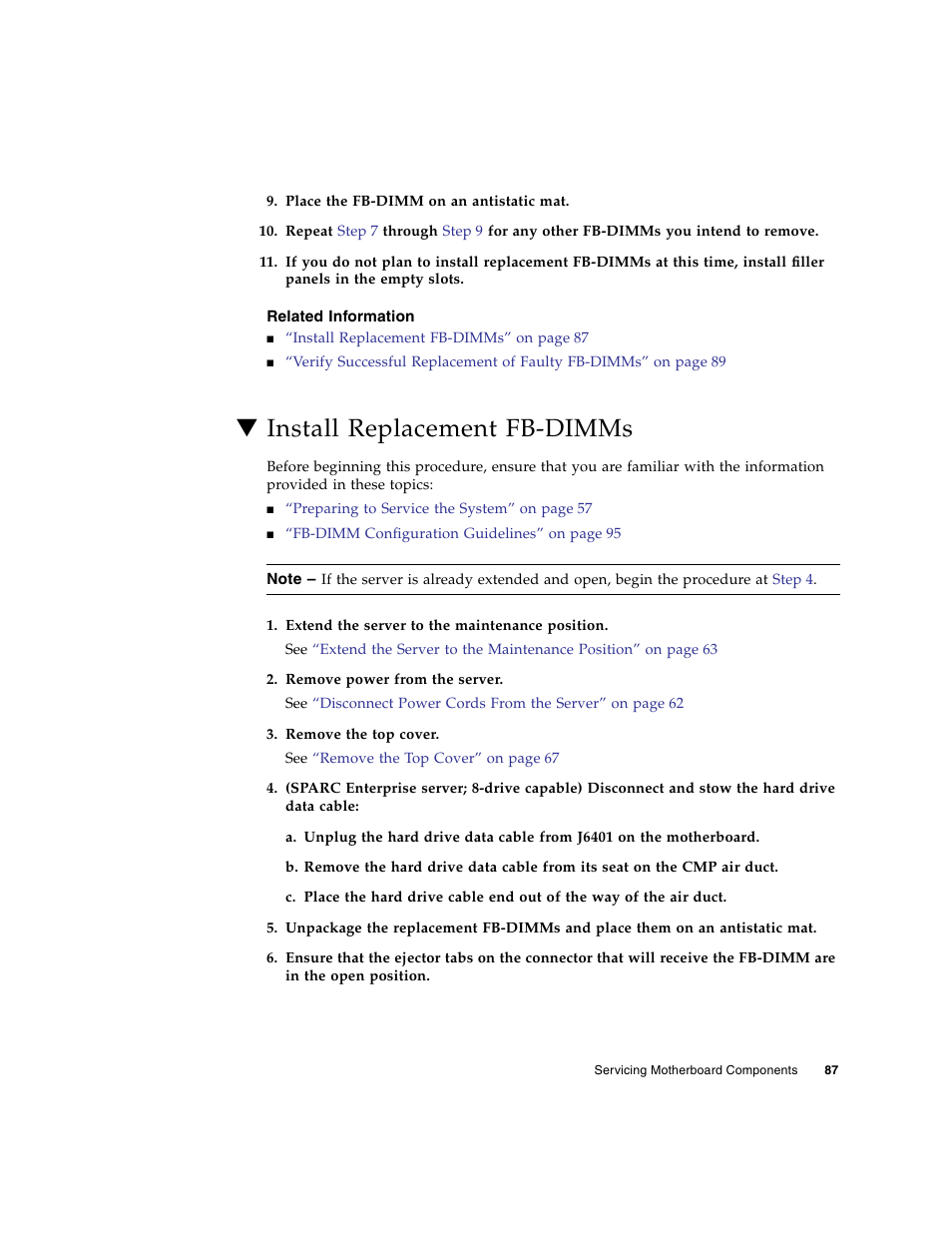 Related information, Install replacement fb-dimms | FUJITSU SPARC T5120 User Manual | Page 113 / 240