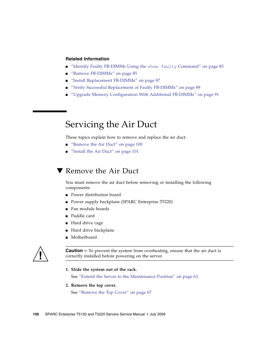 Related information, Servicing the air duct, Remove the air duct | FUJITSU SPARC T5120 User Manual | Page 126 / 240