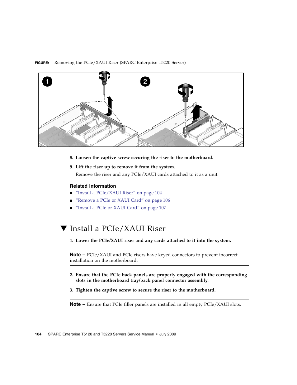 Related information, Install a pcie/xaui riser | FUJITSU SPARC T5120 User Manual | Page 130 / 240