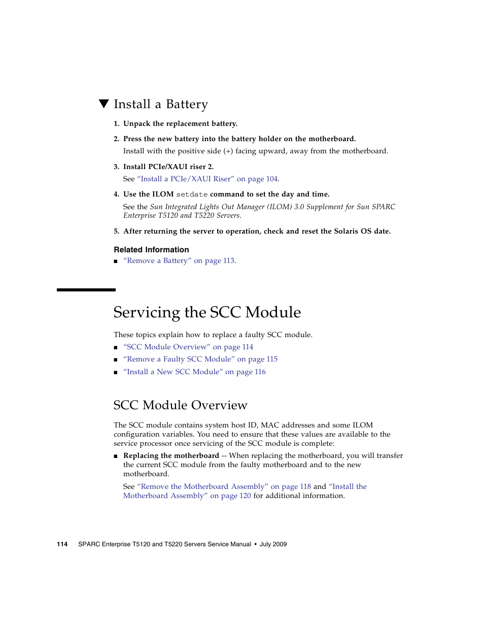Install a battery, Related information, Servicing the scc module | Scc module overview | FUJITSU SPARC T5120 User Manual | Page 140 / 240