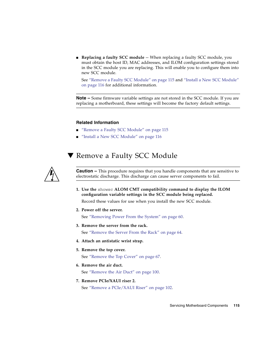 Related information, Remove a faulty scc module | FUJITSU SPARC T5120 User Manual | Page 141 / 240