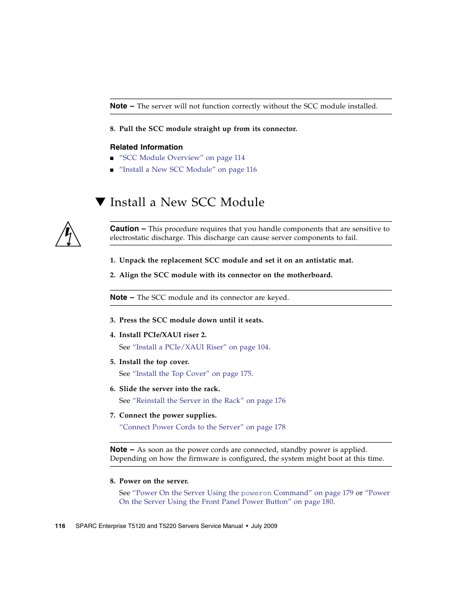 Related information, Install a new scc module | FUJITSU SPARC T5120 User Manual | Page 142 / 240