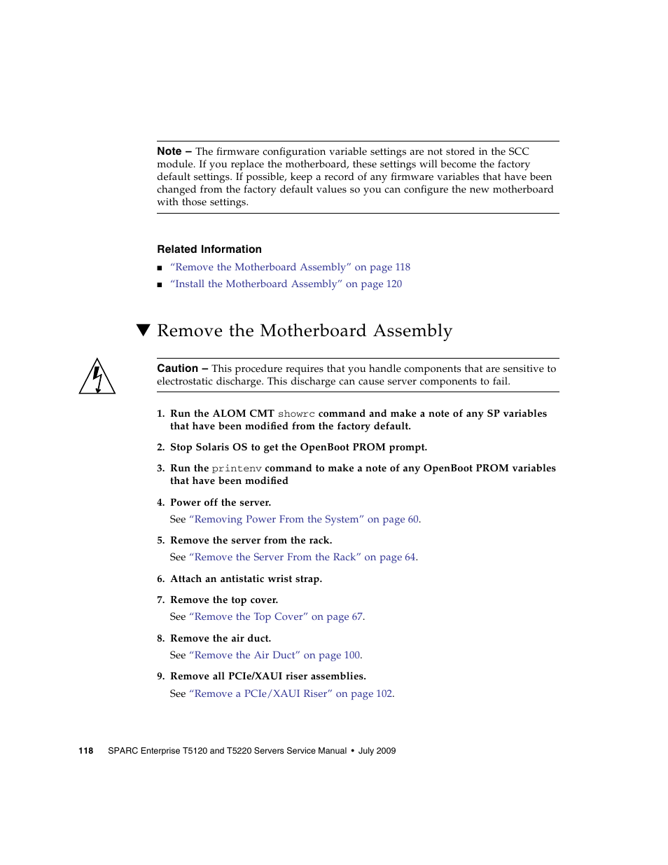 Related information, Remove the motherboard assembly | FUJITSU SPARC T5120 User Manual | Page 144 / 240