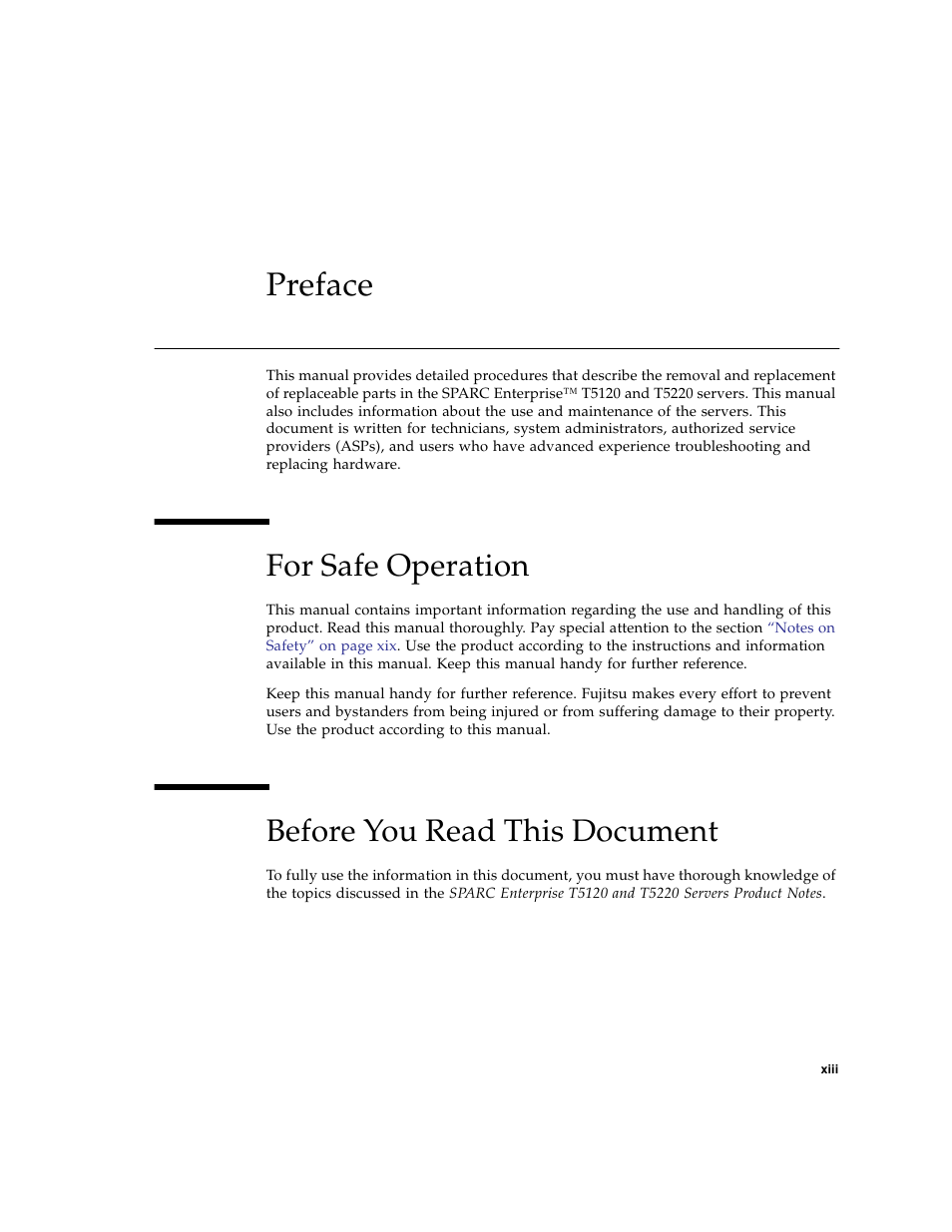 Preface, Xiii, For safe operation | Before you read this document | FUJITSU SPARC T5120 User Manual | Page 15 / 240