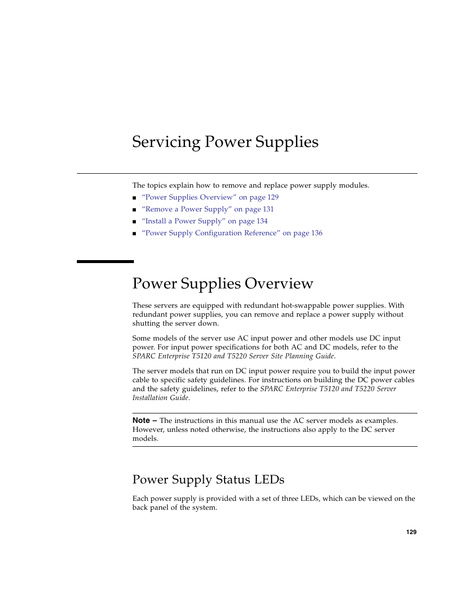 Servicing power supplies, Power supplies overview, Power supply status leds | FUJITSU SPARC T5120 User Manual | Page 155 / 240