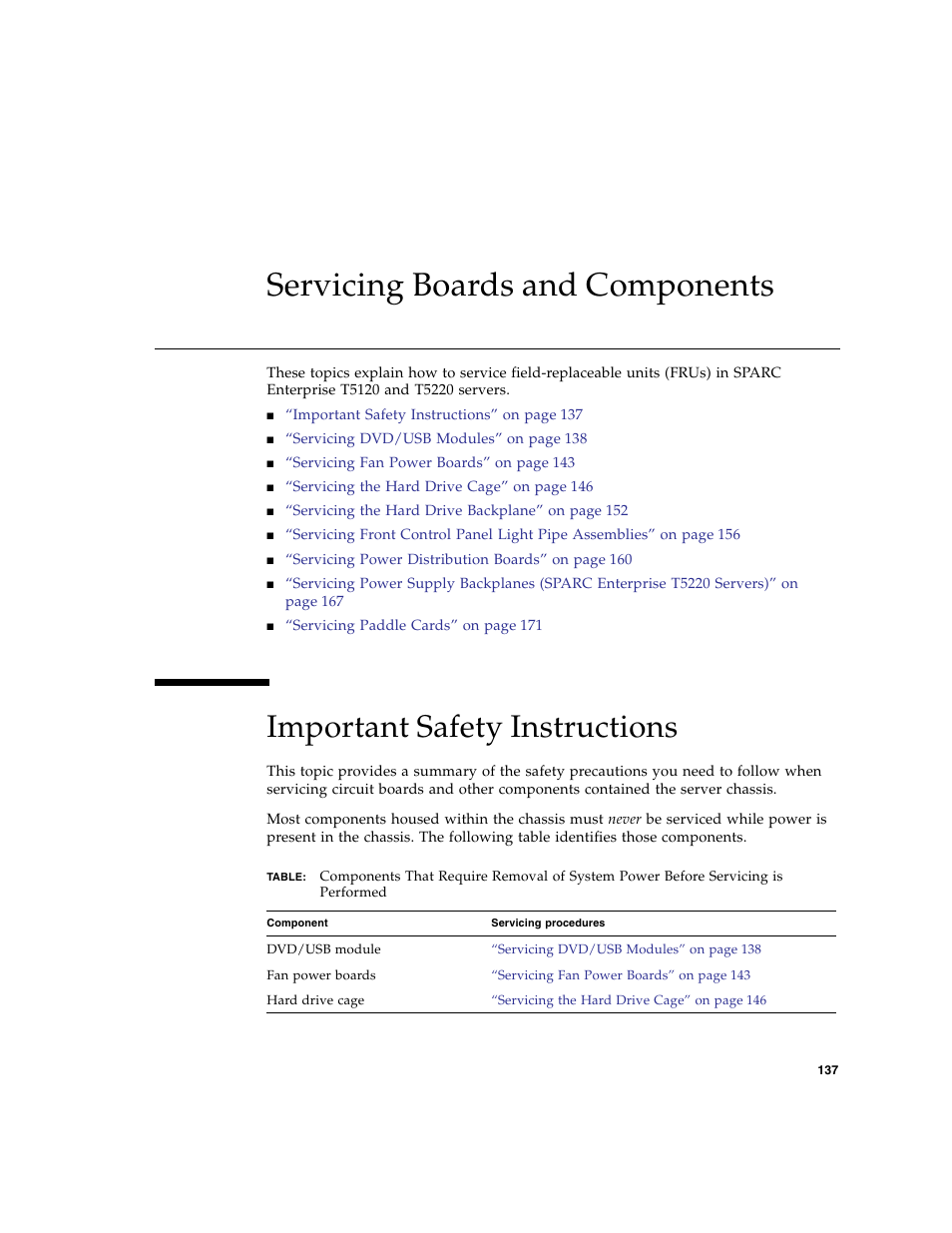 Servicing boards and components, Important safety instructions | FUJITSU SPARC T5120 User Manual | Page 163 / 240