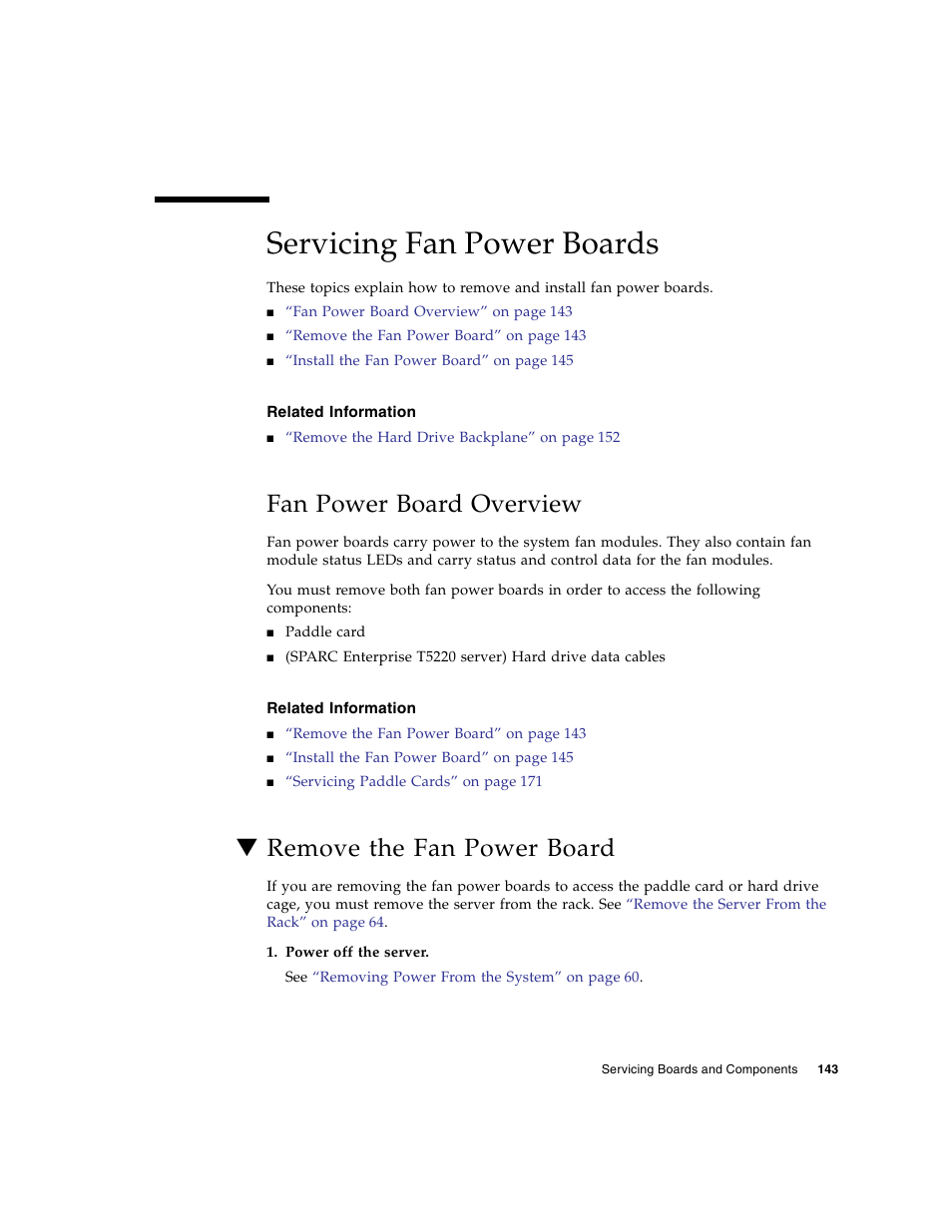 Servicing fan power boards, Related information, Fan power board overview | Remove the fan power board | FUJITSU SPARC T5120 User Manual | Page 169 / 240