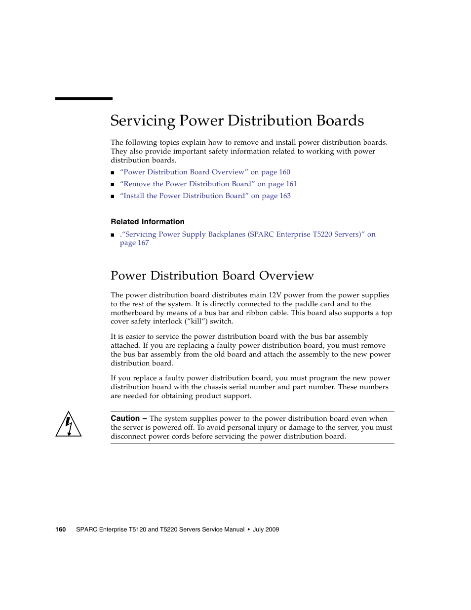 Servicing power distribution boards, Related information, Power distribution board overview | FUJITSU SPARC T5120 User Manual | Page 186 / 240