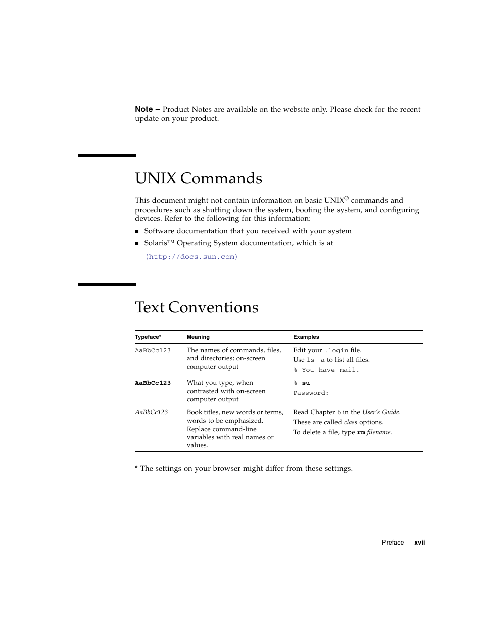 Unix commands, Text conventions | FUJITSU SPARC T5120 User Manual | Page 19 / 240