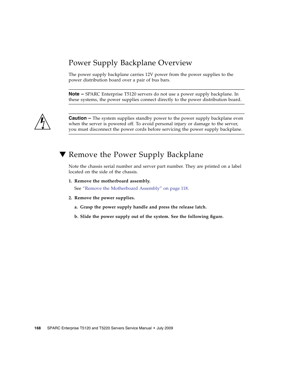 Power supply backplane overview, Remove the power supply backplane | FUJITSU SPARC T5120 User Manual | Page 194 / 240