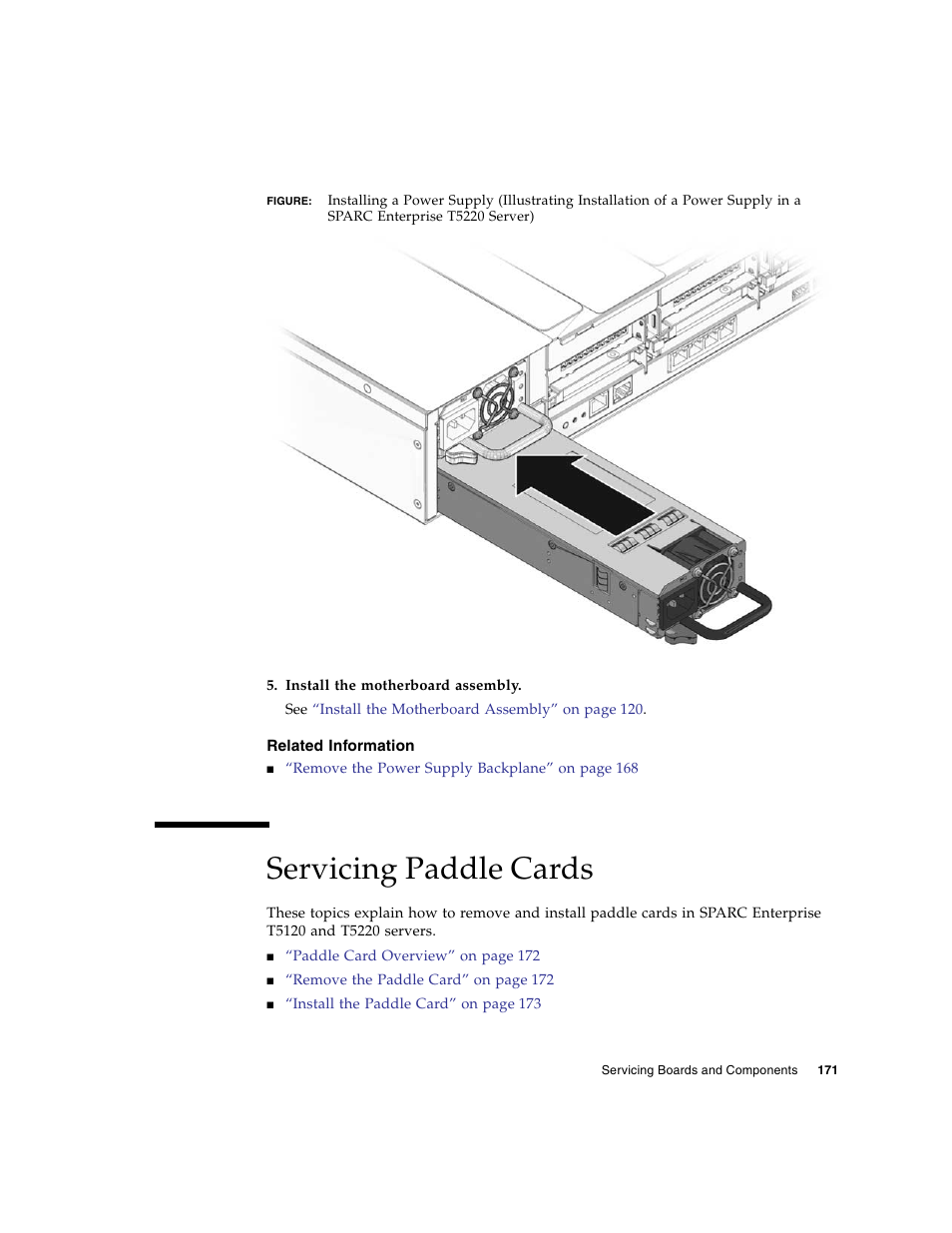 Related information, Servicing paddle cards | FUJITSU SPARC T5120 User Manual | Page 197 / 240
