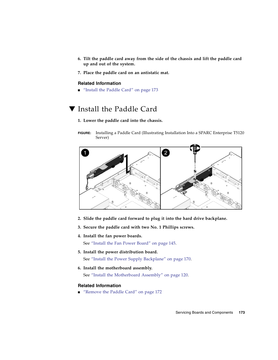 Related information, Install the paddle card | FUJITSU SPARC T5120 User Manual | Page 199 / 240