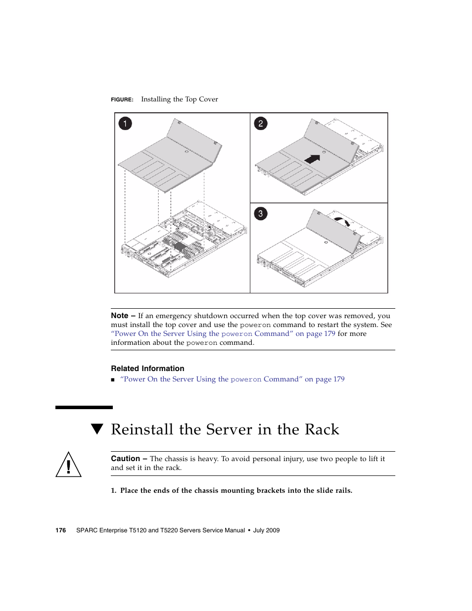 Related information, Reinstall the server in the rack | FUJITSU SPARC T5120 User Manual | Page 202 / 240