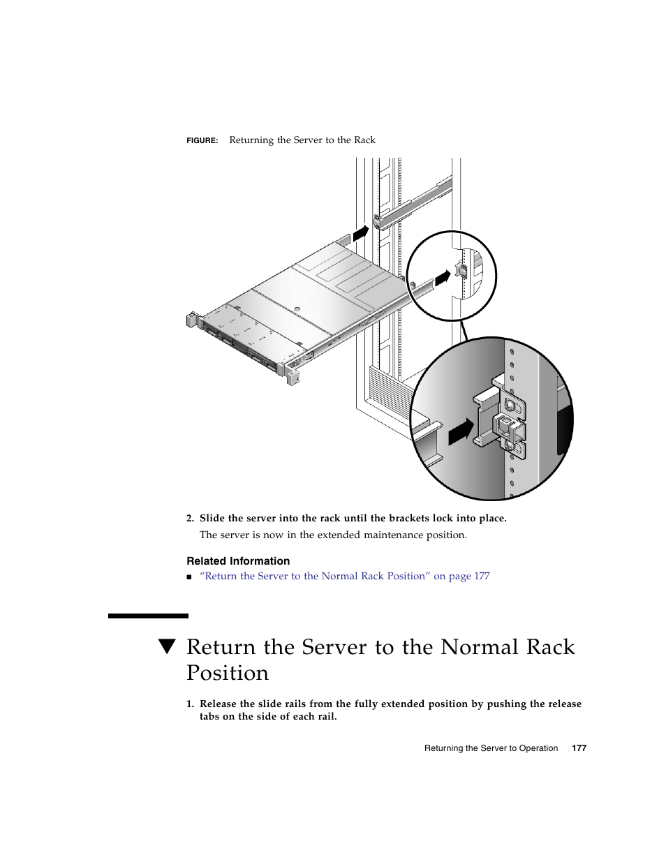 Related information, Return the server to the normal rack position | FUJITSU SPARC T5120 User Manual | Page 203 / 240