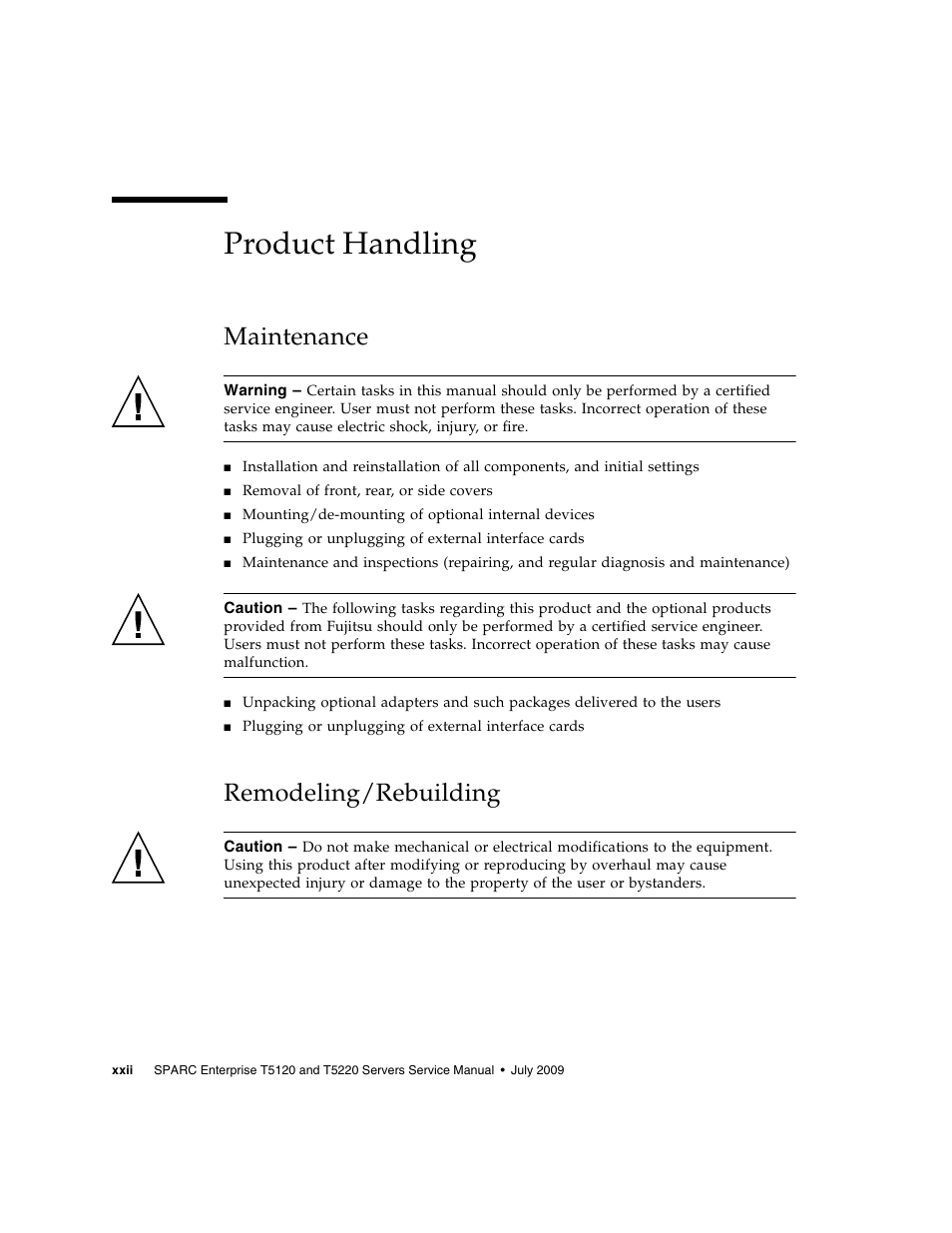 Product handling, Maintenance, Remodeling/rebuilding | FUJITSU SPARC T5120 User Manual | Page 24 / 240