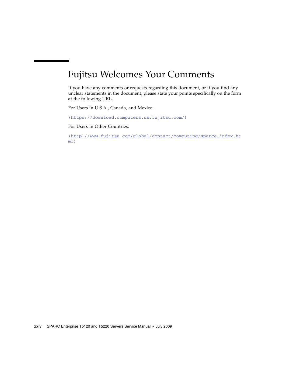 Fujitsu welcomes your comments | FUJITSU SPARC T5120 User Manual | Page 26 / 240