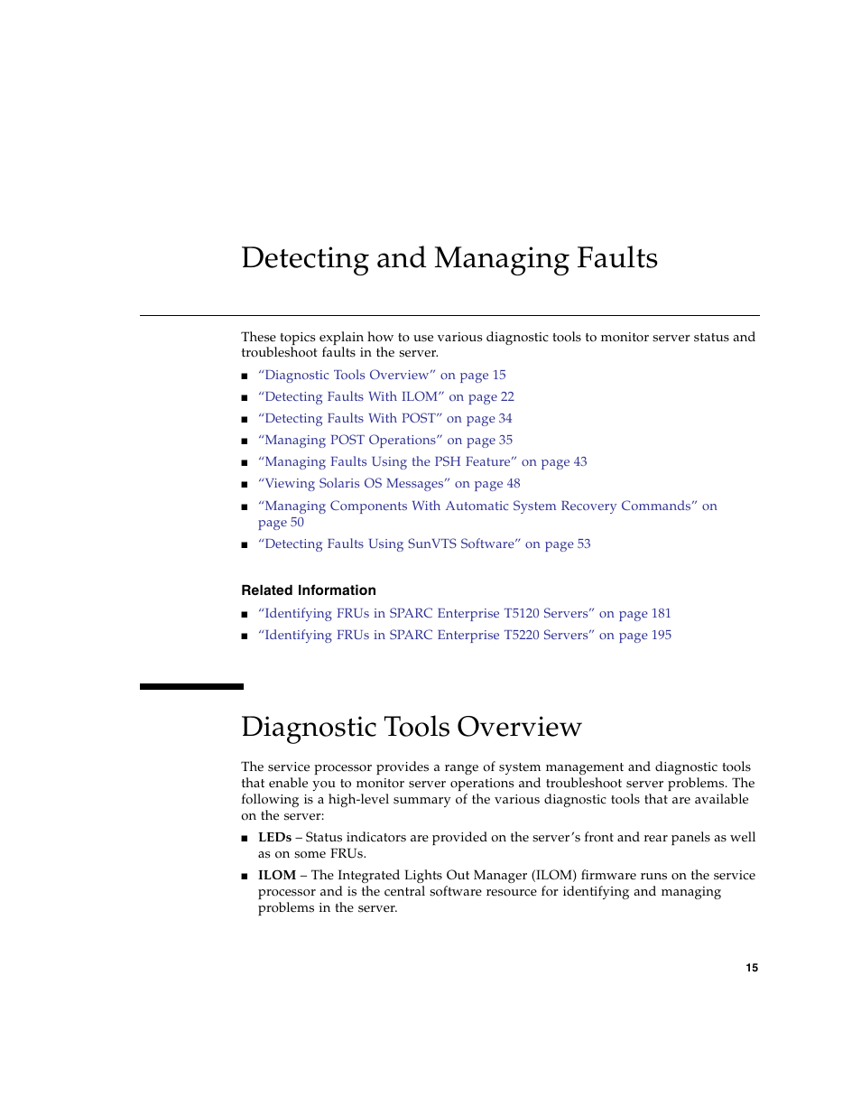 Detecting and managing faults, Related information, Diagnostic tools overview | FUJITSU SPARC T5120 User Manual | Page 41 / 240